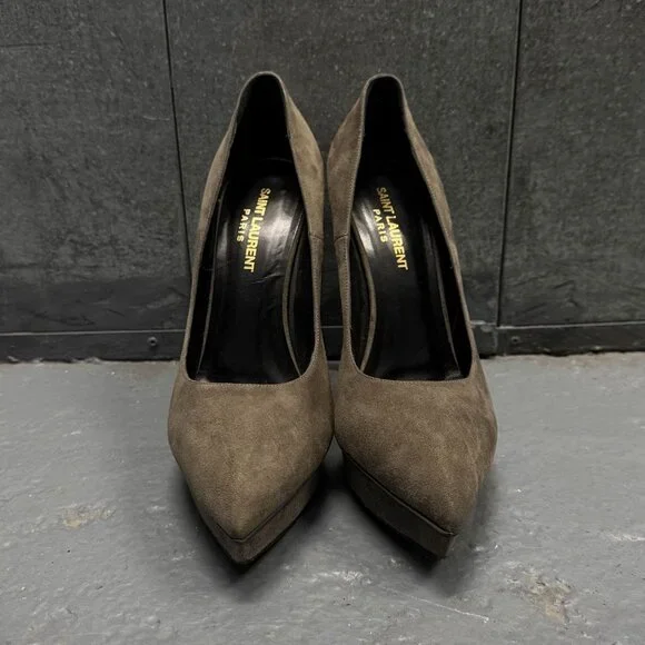 SAINT LAURENT PARIS dark gray suede leather platform stiletto heel shoes - Picture 2 of 9